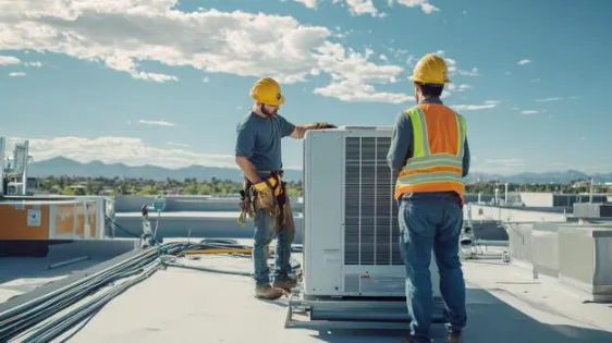 two-construction-workers-on-a-roof-inspecting-an-ac-unit-photo